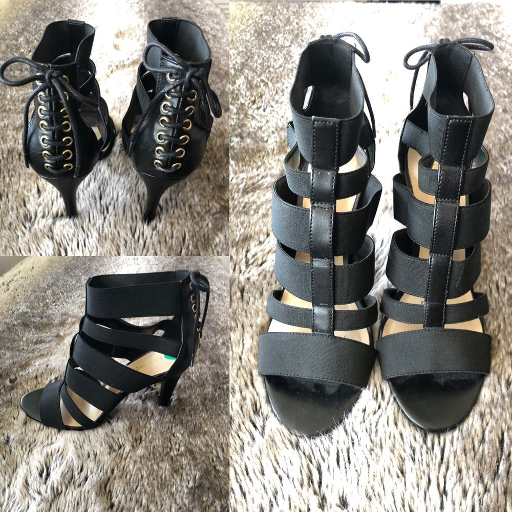 NINE WEST :Black Strap Leather Lace back Heel NWOT - Picture 2 of 8